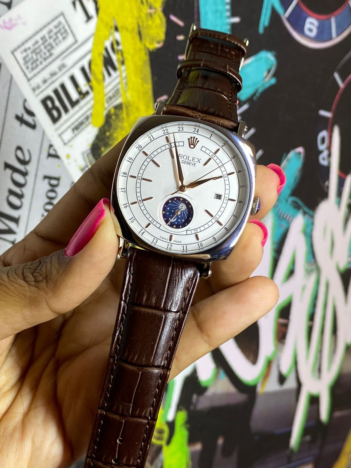 Réplica de Relógio Rolex Couro Sol e Lua